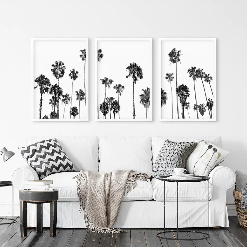 Black and White Palm Trees. Tropical Wall Art Set of 3 Prints