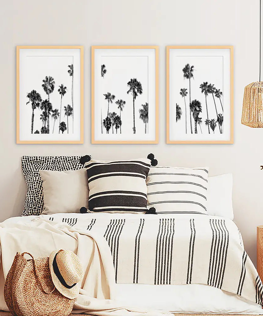 Black and White Palm Trees. Tropical Wall Art Set of 3 Prints