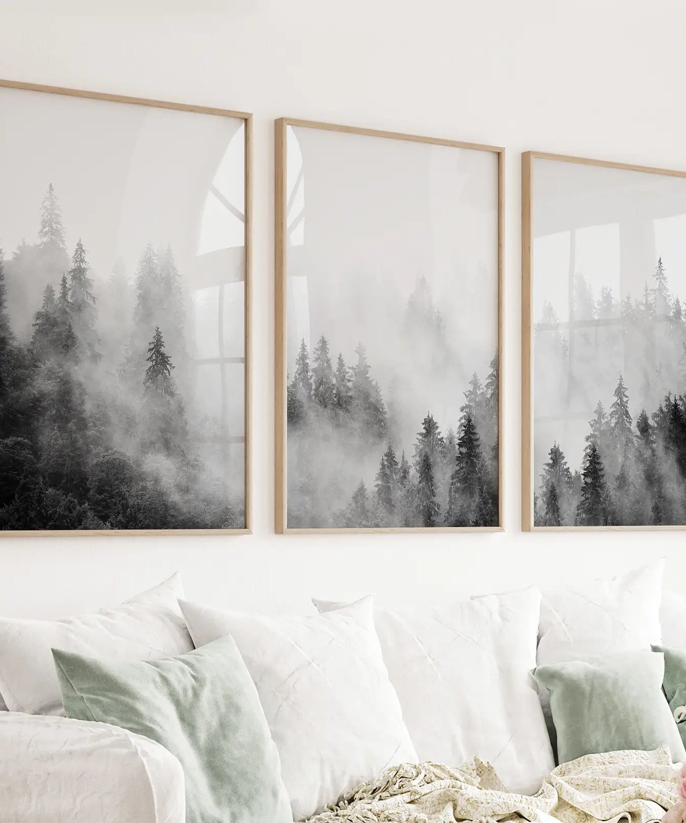 Black White Misty Forest Wall Art Set of 3