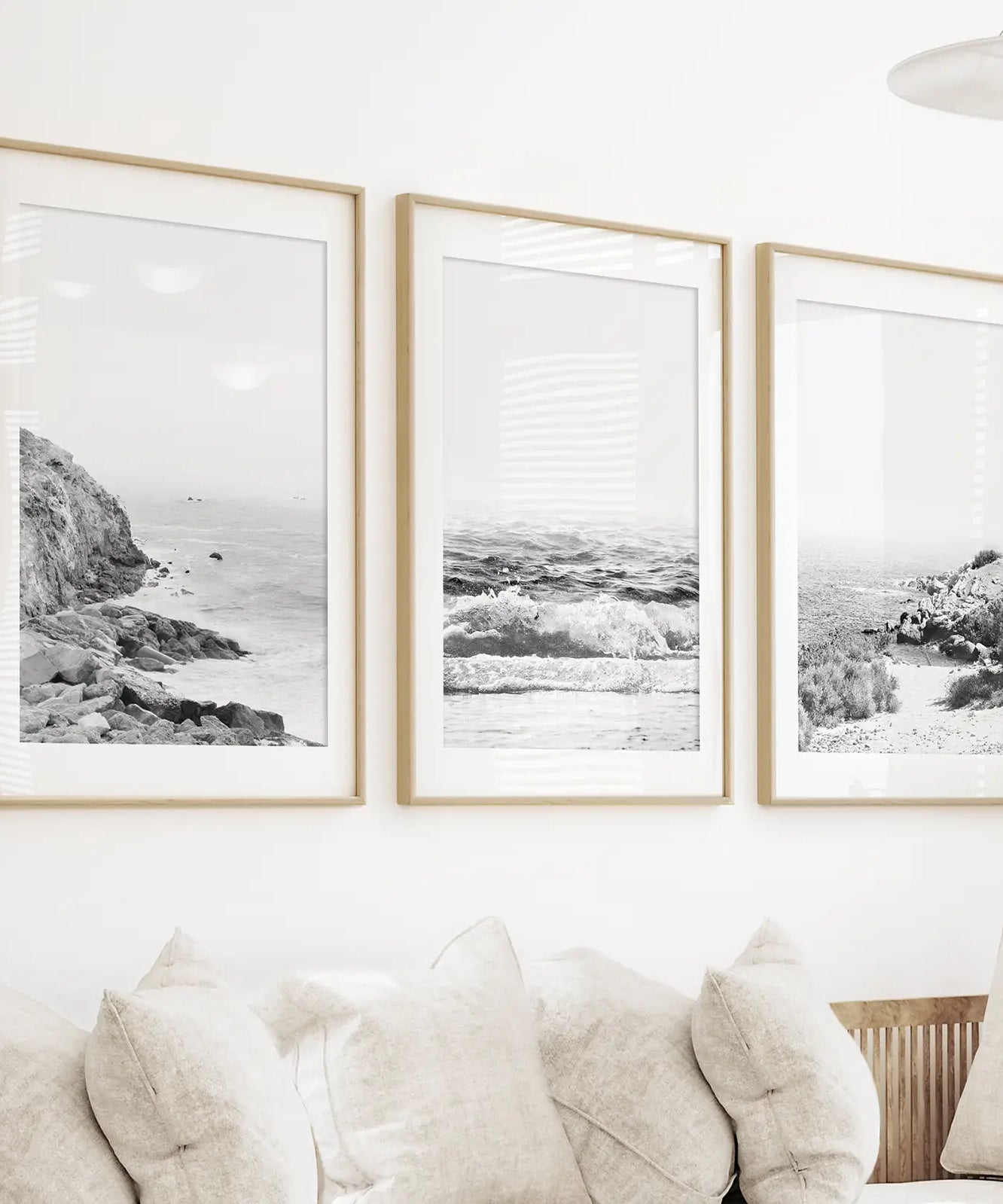 Coastal Black White Photography Set. Waves, Rocky Beach