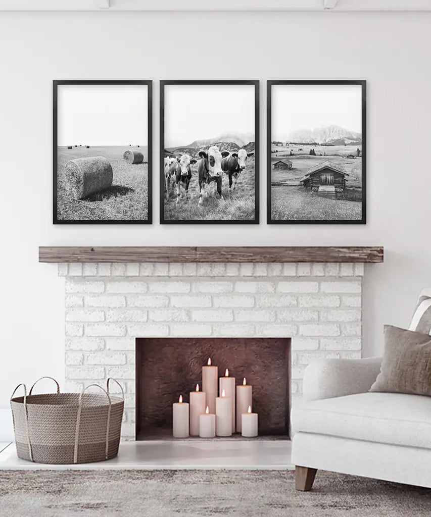 Black White Rustic Photo. Wall Art Set. Cows, Barn, Haystack