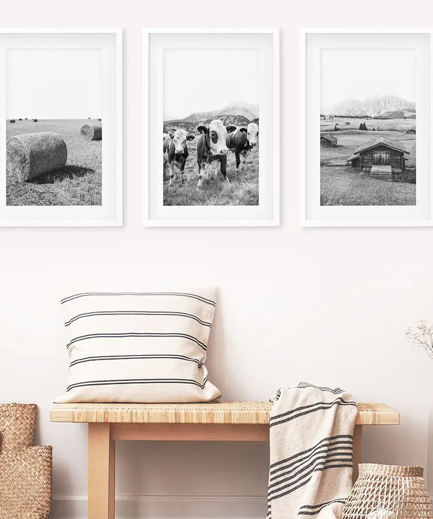 Black White Rustic Photo. Wall Art Set. Cows, Barn, Haystack