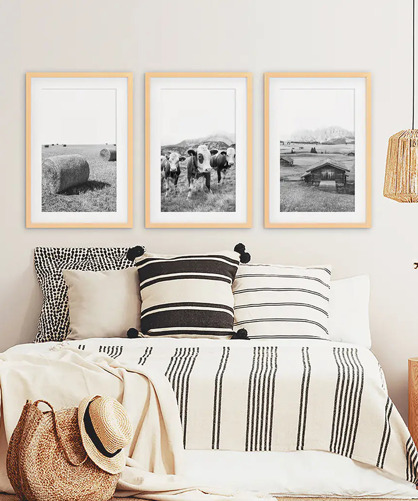 Black White Rustic Photo. Wall Art Set. Cows, Barn, Haystack