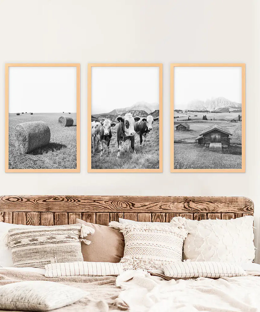 Black White Rustic Photo. Wall Art Set. Cows, Barn, Haystack