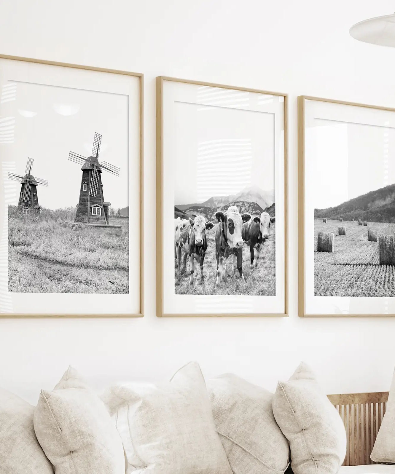 Farmhouse Black White Wall Art. Windmill, 3 Cows, Hay Bales