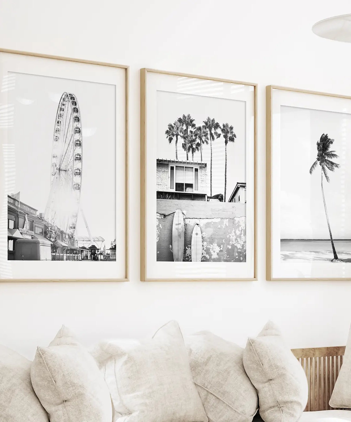 Black White Coastal Wall Art. Ferris Wheel, Surfboards, Palm