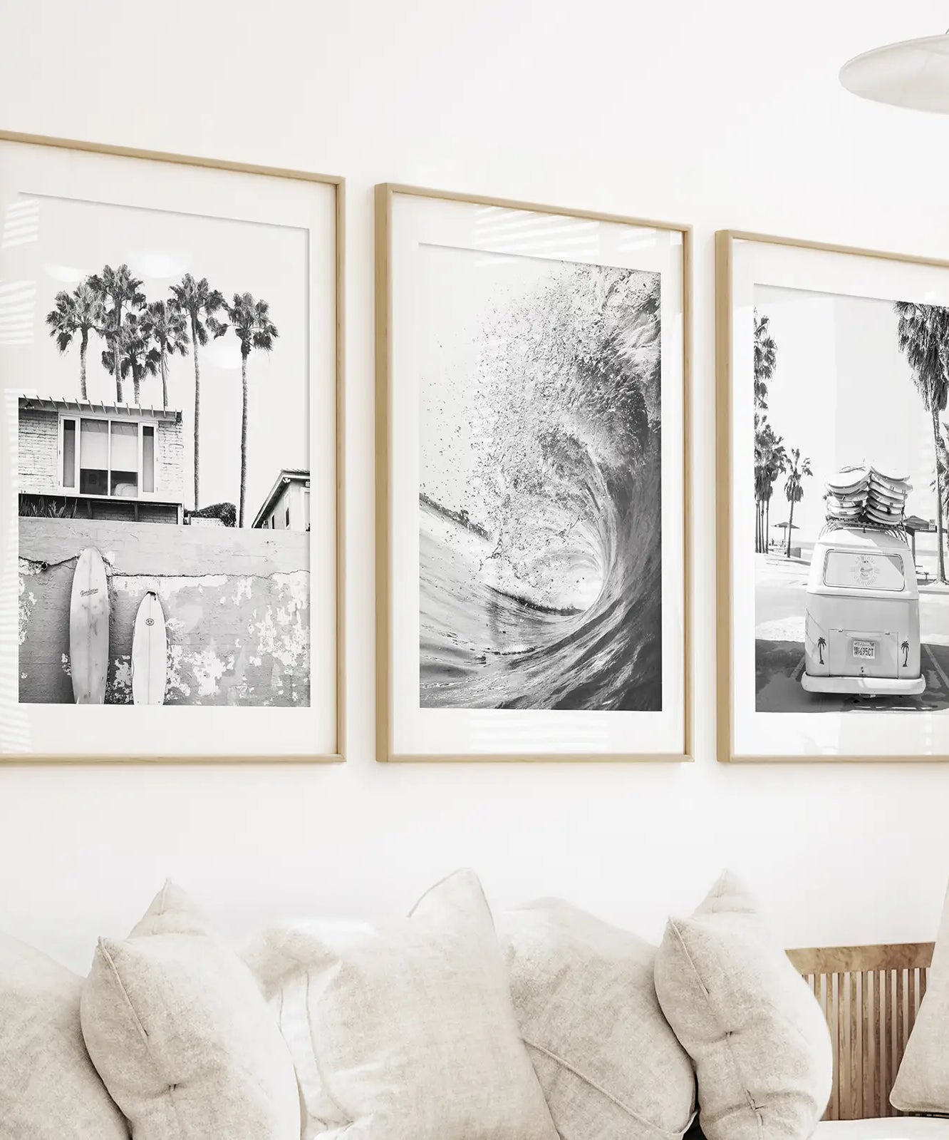 Black White California Surfing Prints. Van, Ocean Wave, Surfboards