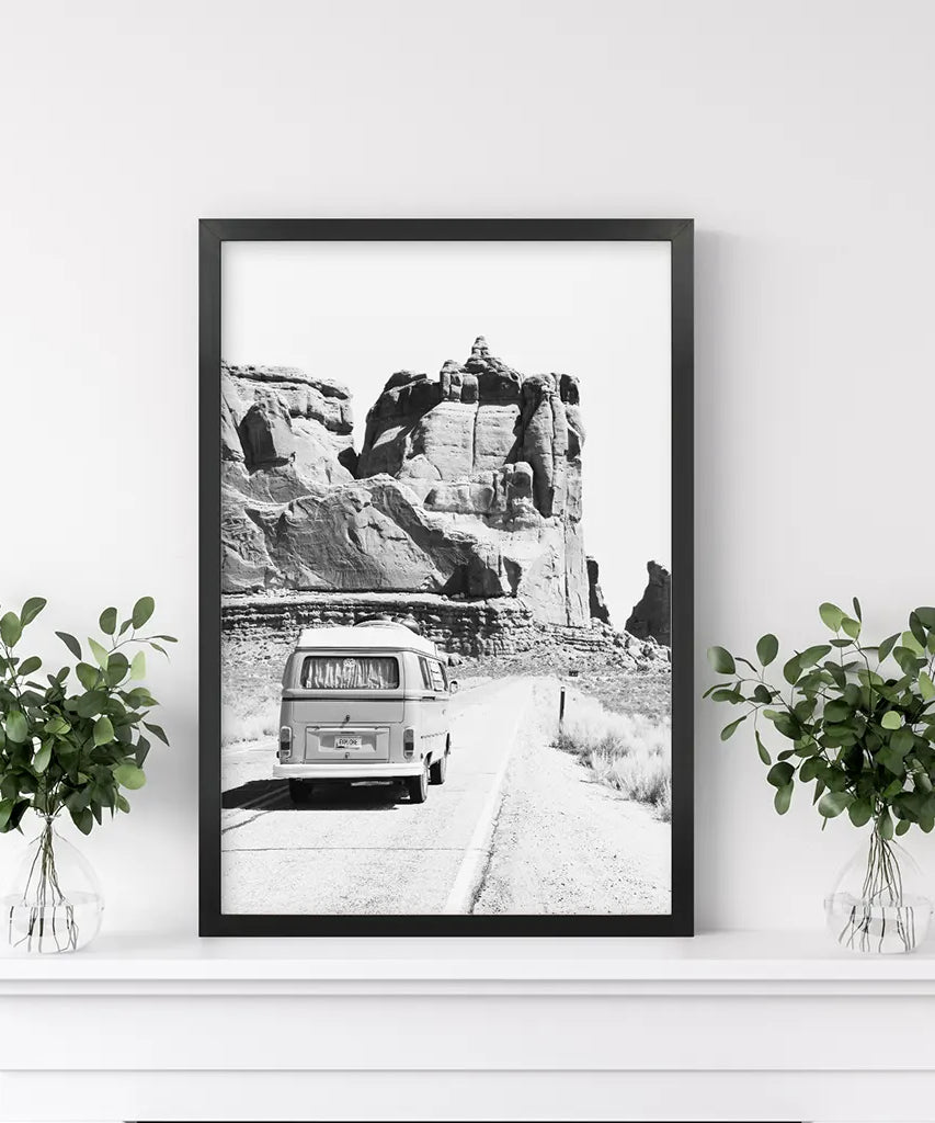 Schwarz Weiß Van Camper Poster. Utah Nationalpark Wandkunst