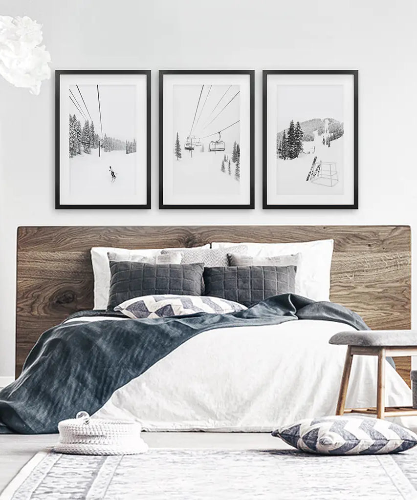 3-teiliges Wandbild-Set, Schwarz-Weiß, Wintersport. Skihütte
