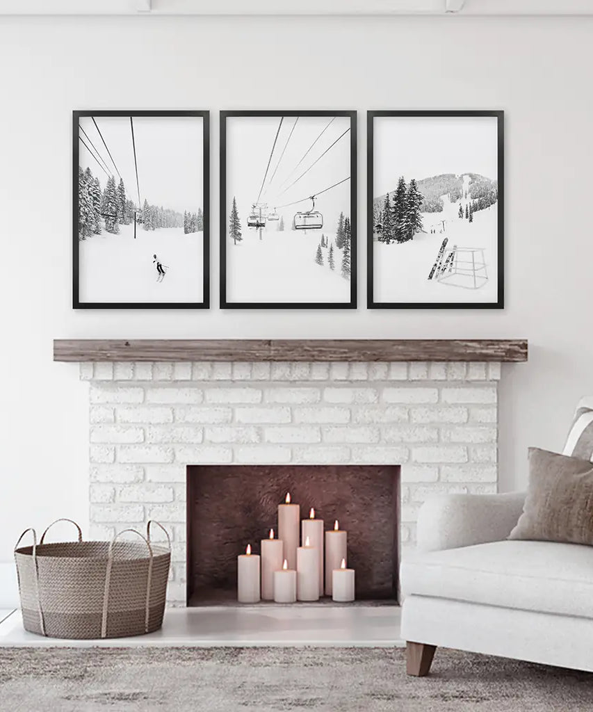 3-teiliges Wandbild-Set, Schwarz-Weiß, Wintersport. Skihütte