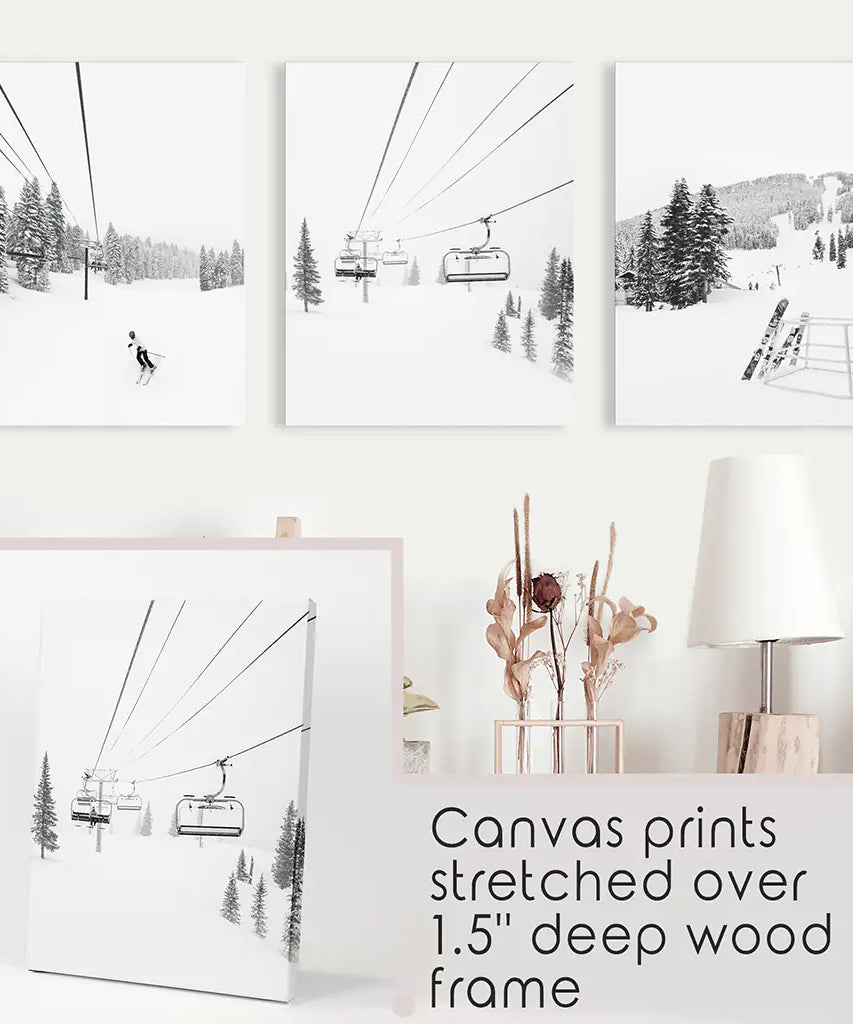 3-teiliges Wandbild-Set, Schwarz-Weiß, Wintersport. Skihütte