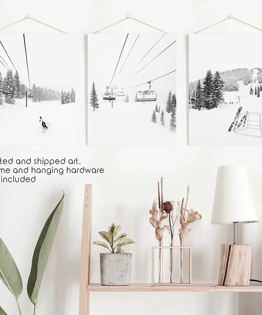 3-teiliges Wandbild-Set, Schwarz-Weiß, Wintersport. Skihütte