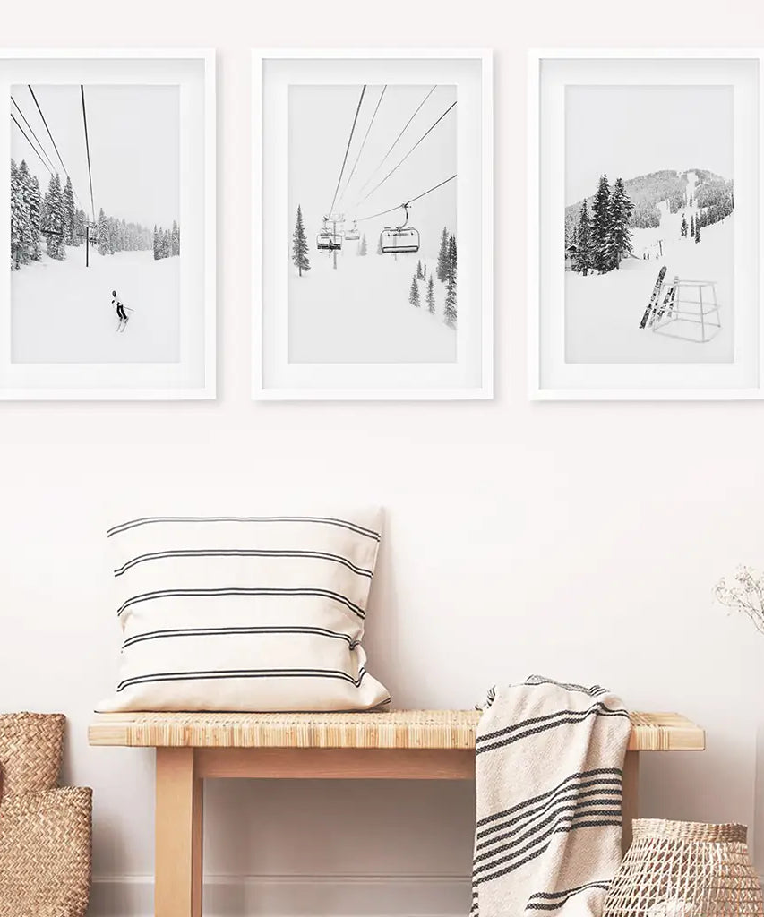 3-teiliges Wandbild-Set, Schwarz-Weiß, Wintersport. Skihütte