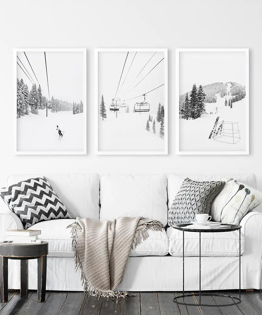 3-teiliges Wandbild-Set, Schwarz-Weiß, Wintersport. Skihütte
