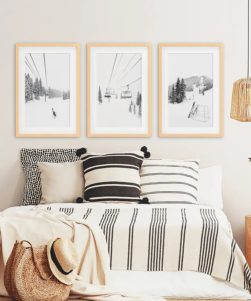 3-teiliges Wandbild-Set, Schwarz-Weiß, Wintersport. Skihütte