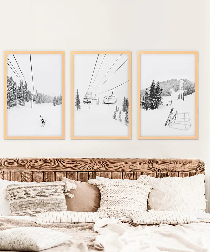 3-teiliges Wandbild-Set, Schwarz-Weiß, Wintersport. Skihütte