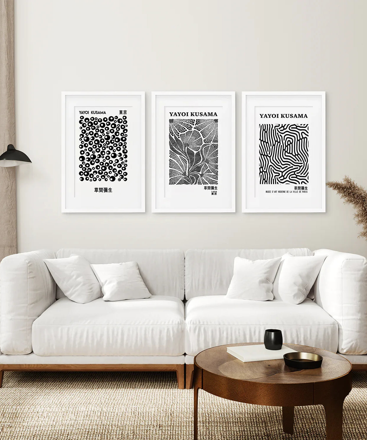Schwarz-Weißes 3-teiliges abstraktes Kusama-Kunstset