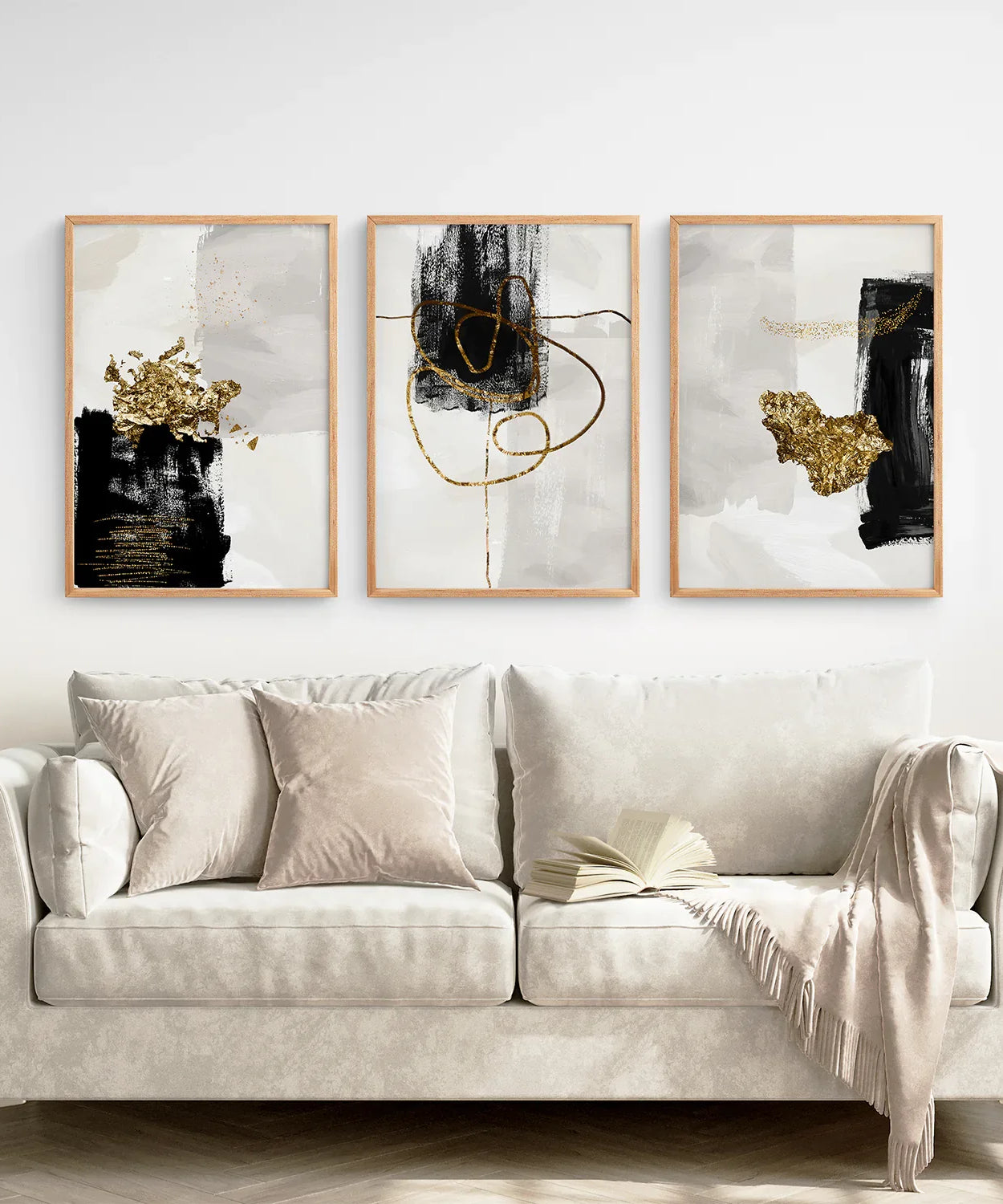 3-teiliges modernes skandinavisches Wandbild-Set. Schwarz und Gold