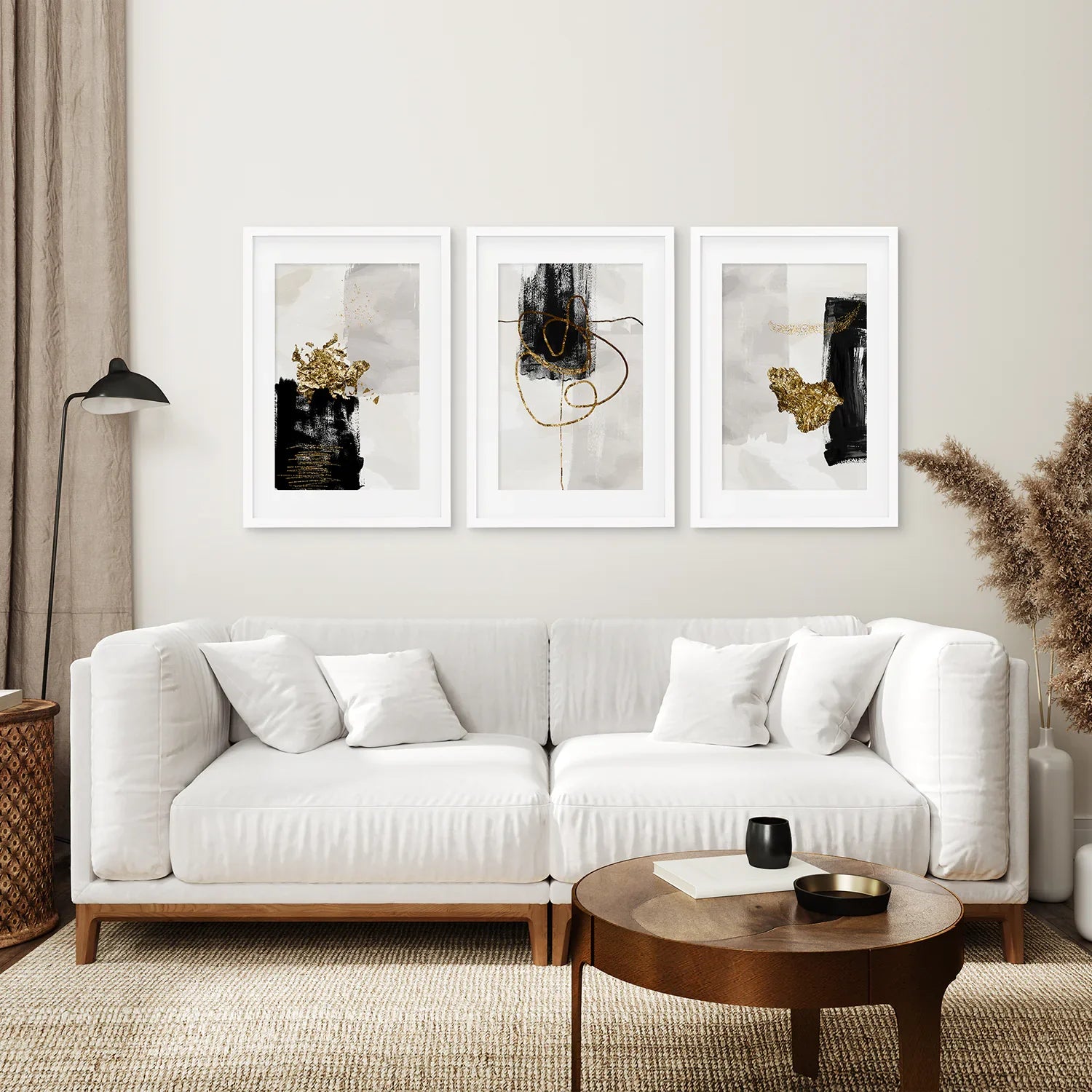 3-teiliges modernes skandinavisches Wandbild-Set. Schwarz und Gold