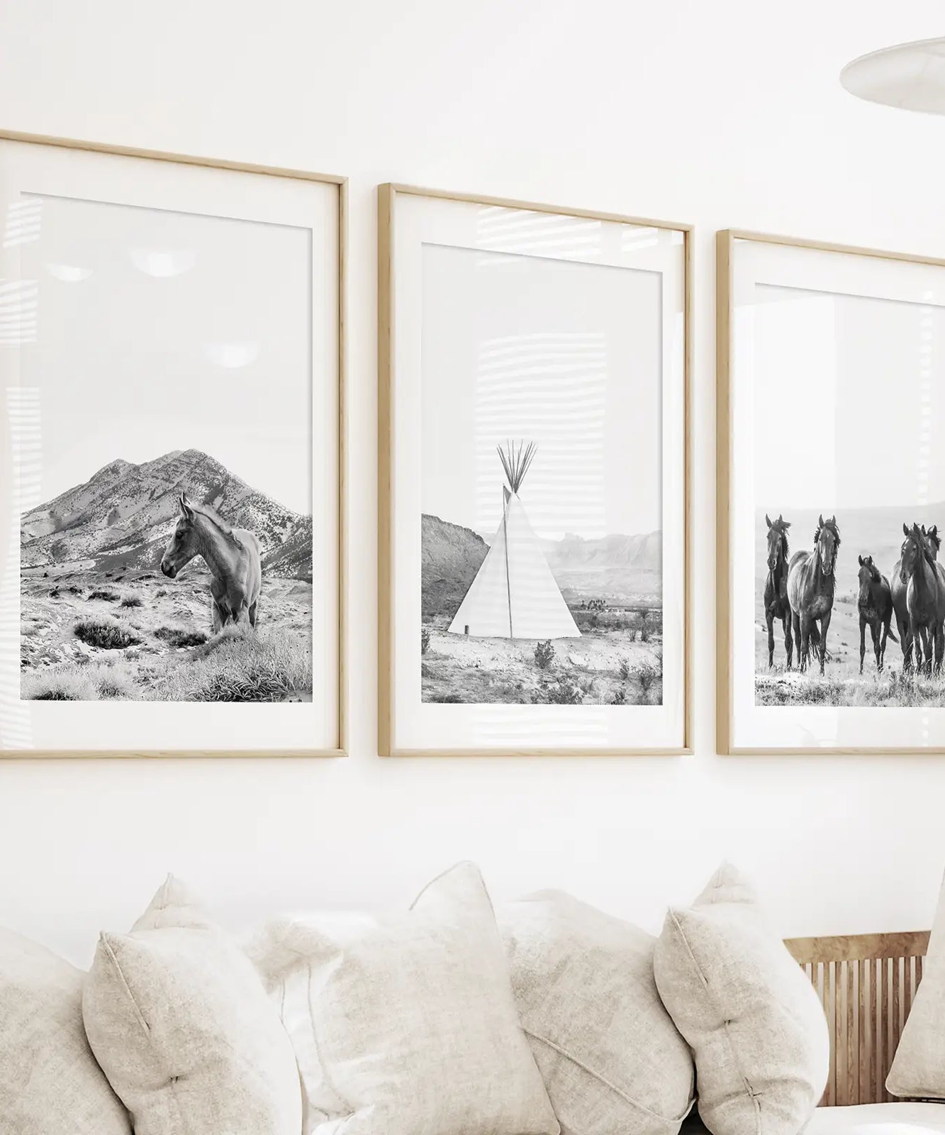 Black White Western Wall Art Set. Desert, Horses, Tepee
