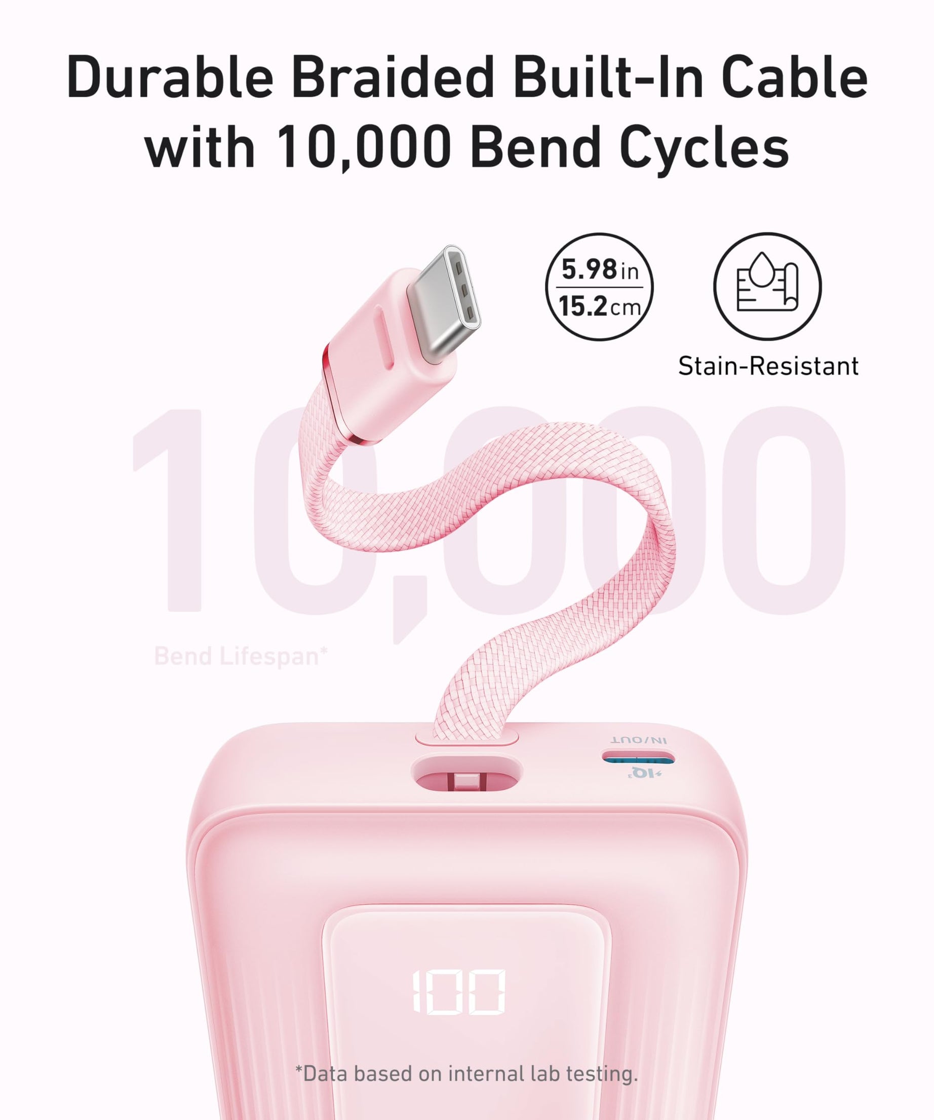 Anker Zolo Power Bank (10K, 30W) with a 5.4-inch (13.7 cm) built-in USB-C cable.
