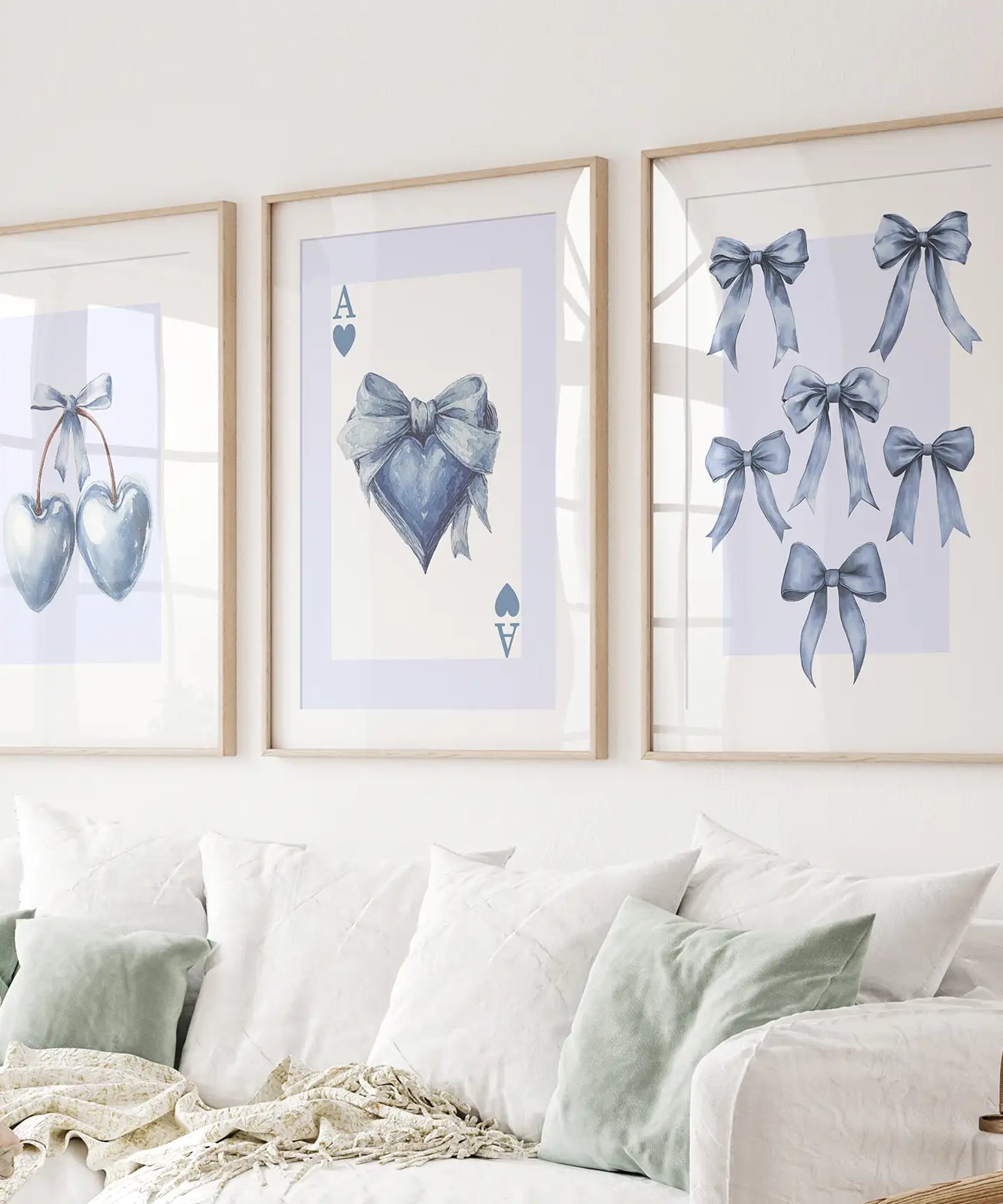 Blue Coquette Bows Wall Art Set of 3 Prints Decor
