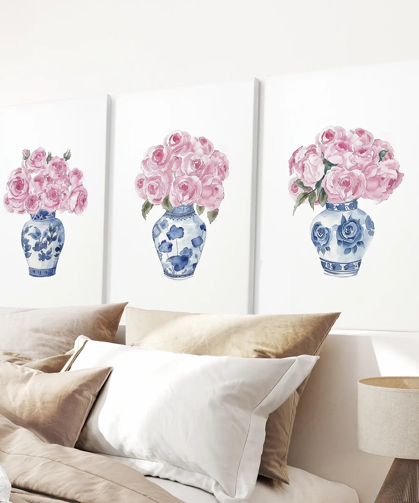 Blue Chinoiserie Watercolor Roses Art Print Set