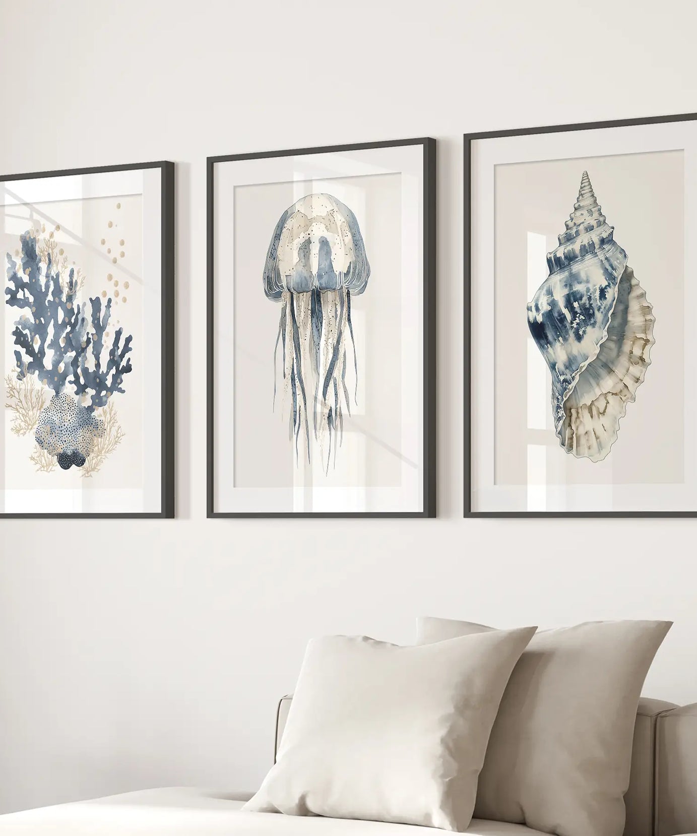 Beach House Wall Art Set. Blue Coral, Jellyfish, Shell