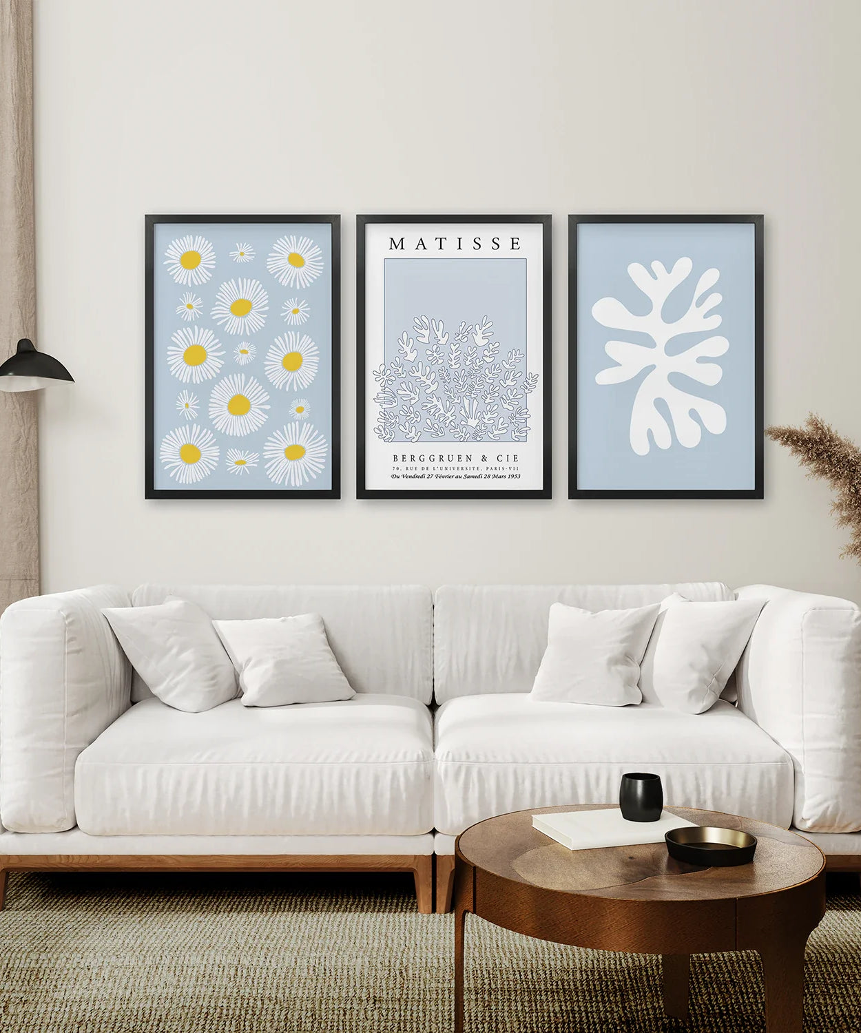 Abstrakter Matisse-Kunstdruck, 3er-Set. Blaue florale Wandkunst