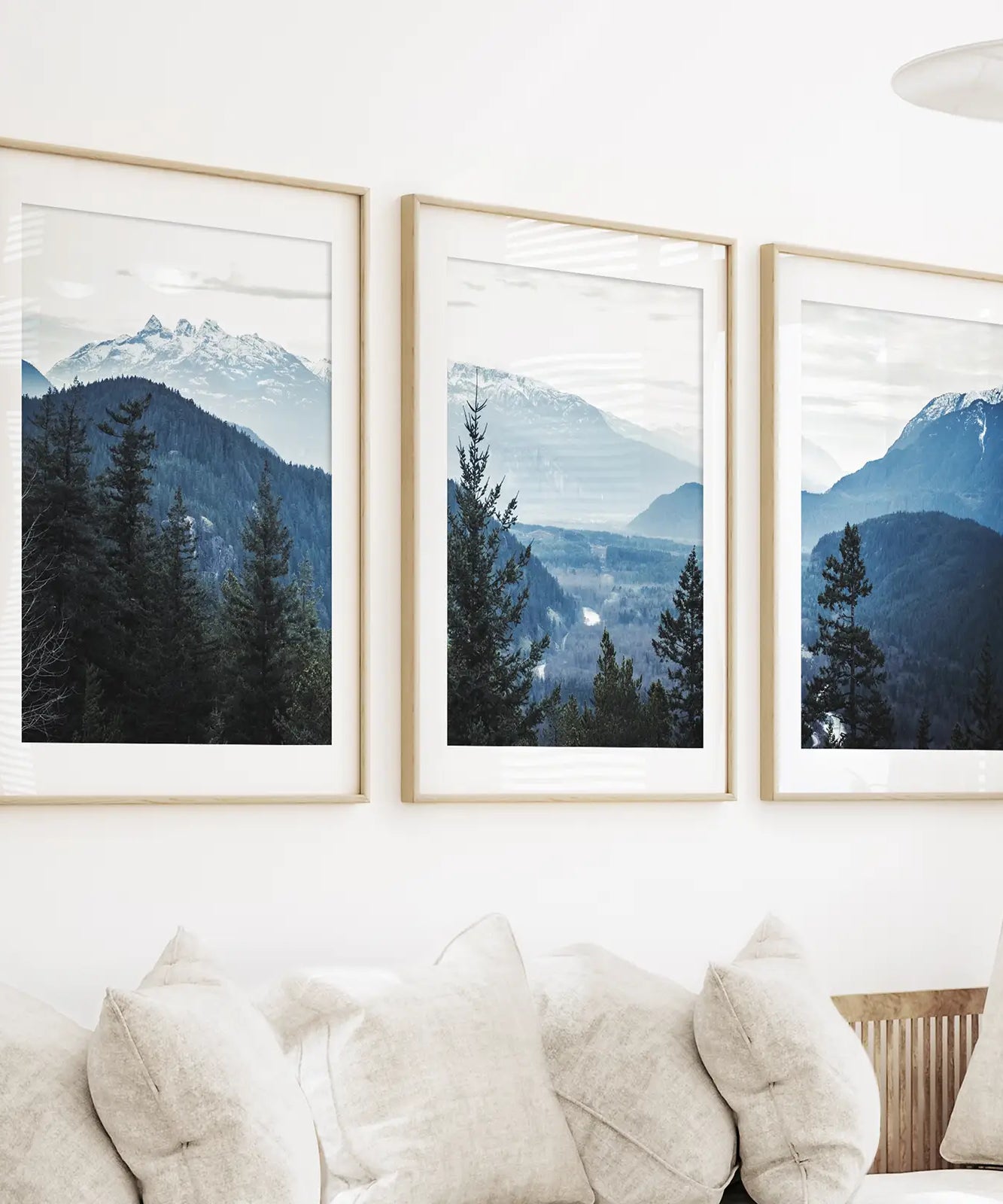 Navy Blue Mountain Forest Triptych. Nordic Landscape Art