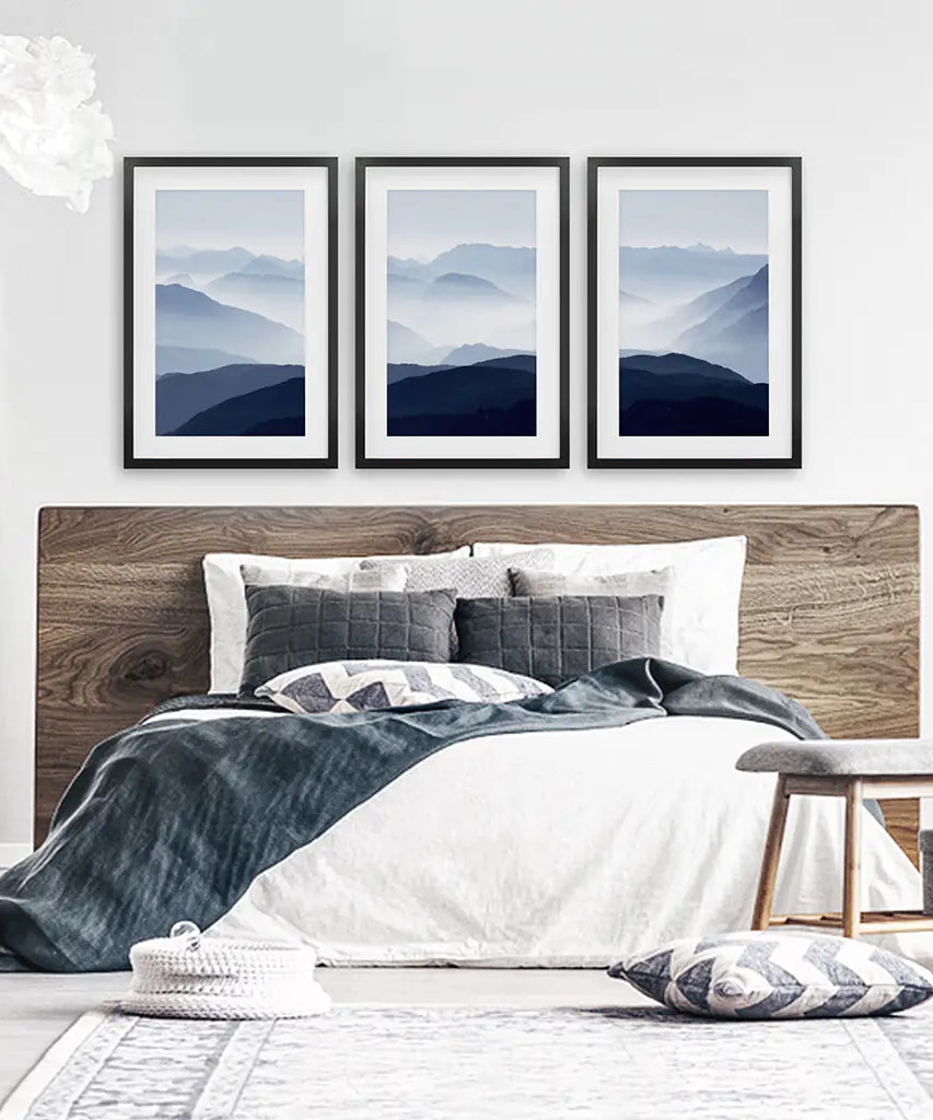 Blue Misty Mountain Scenery. Set of 3 Prints