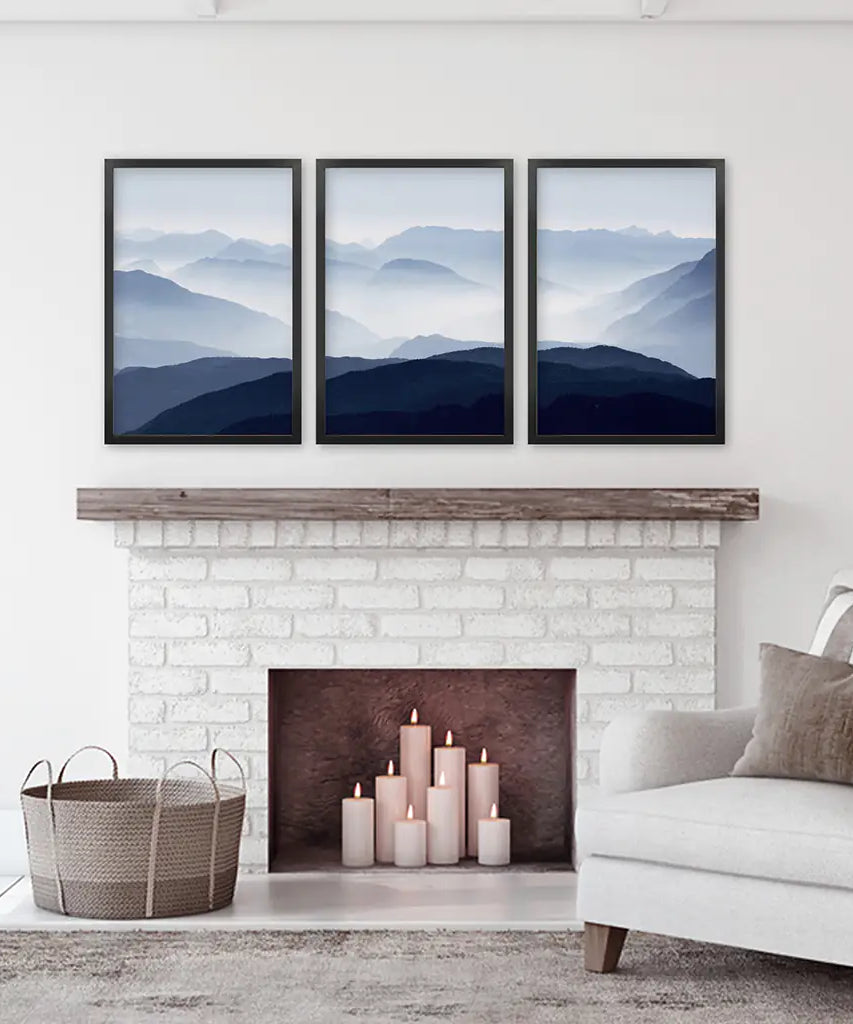 Blue Misty Mountain Scenery. Set of 3 Prints