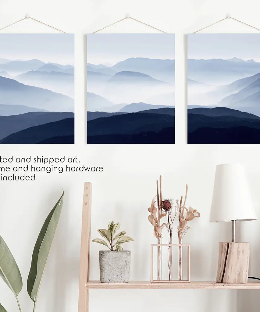 Blue Misty Mountain Scenery. Set of 3 Prints