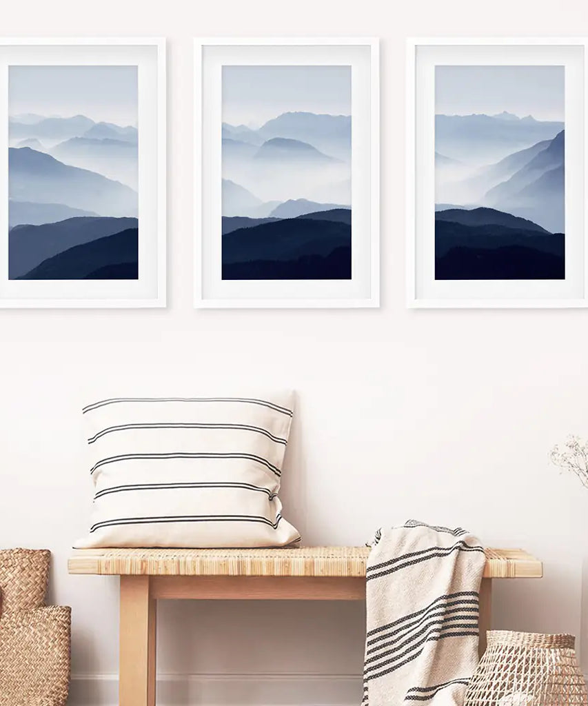 Blue Misty Mountain Scenery. Set of 3 Prints