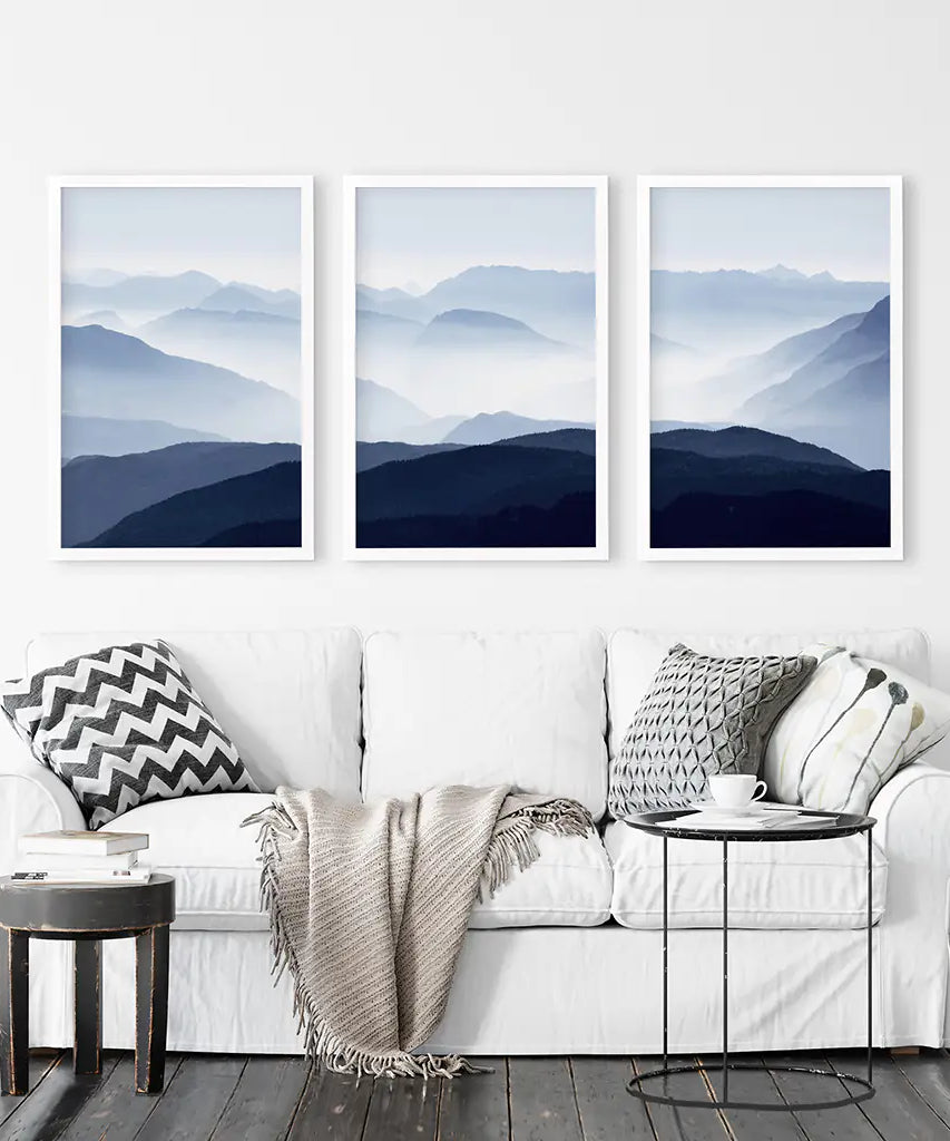 Blue Misty Mountain Scenery. Set of 3 Prints