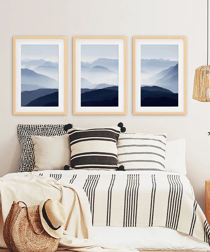 Blue Misty Mountain Scenery. Set of 3 Prints