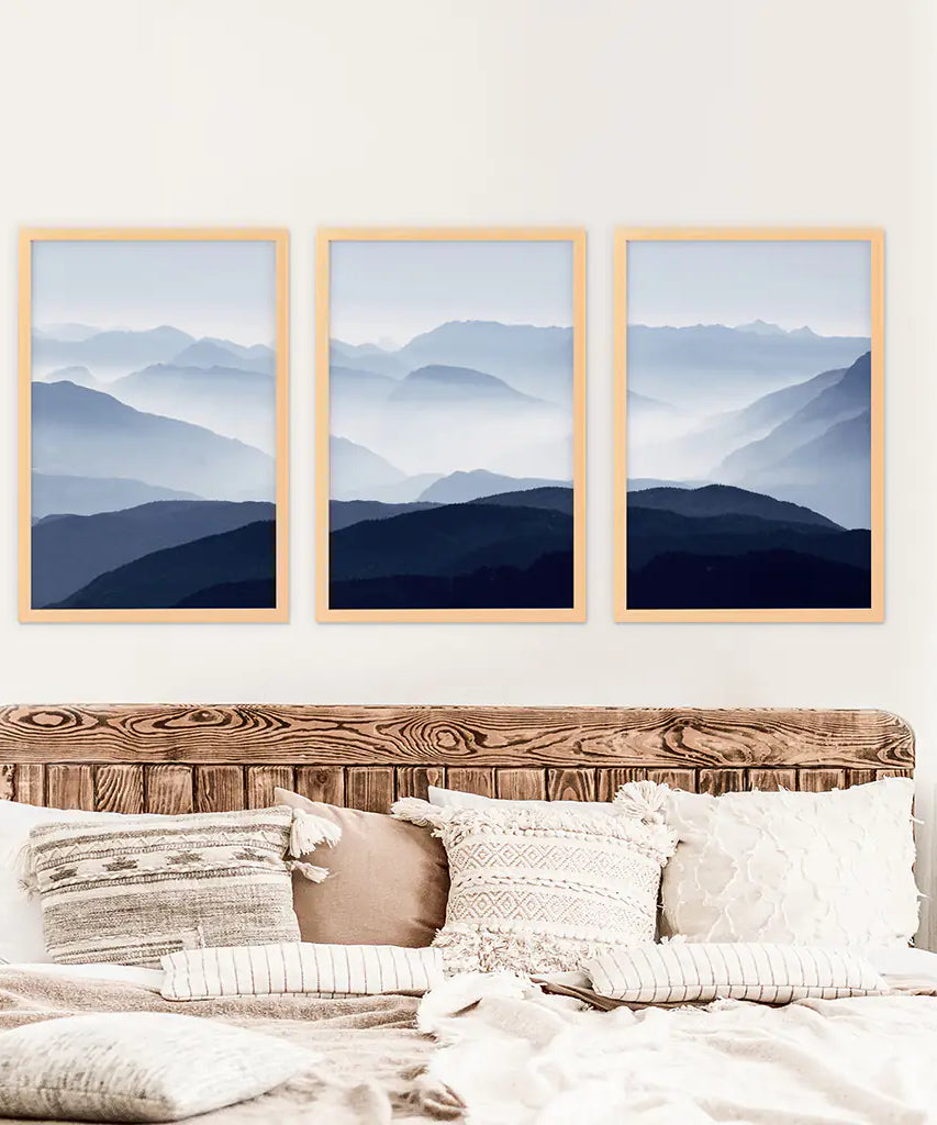Blue Misty Mountain Scenery. Set of 3 Prints