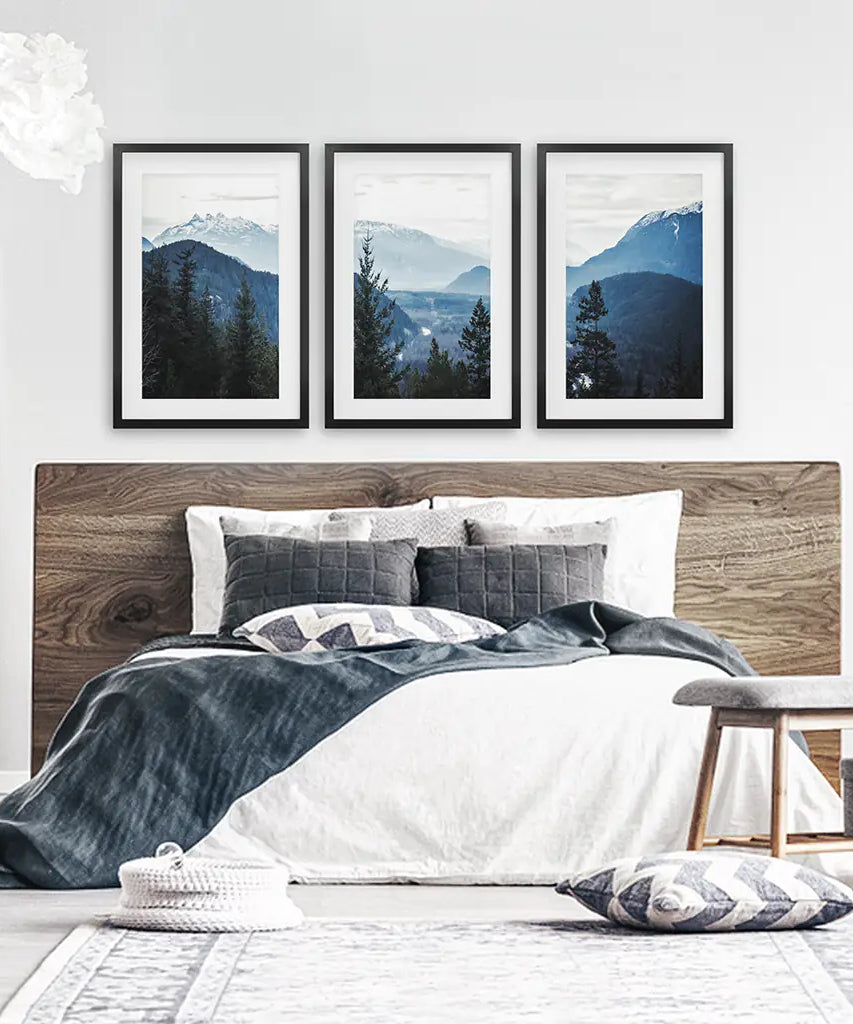 Navy Blue Mountain Forest Triptych. Nordic Landscape Art