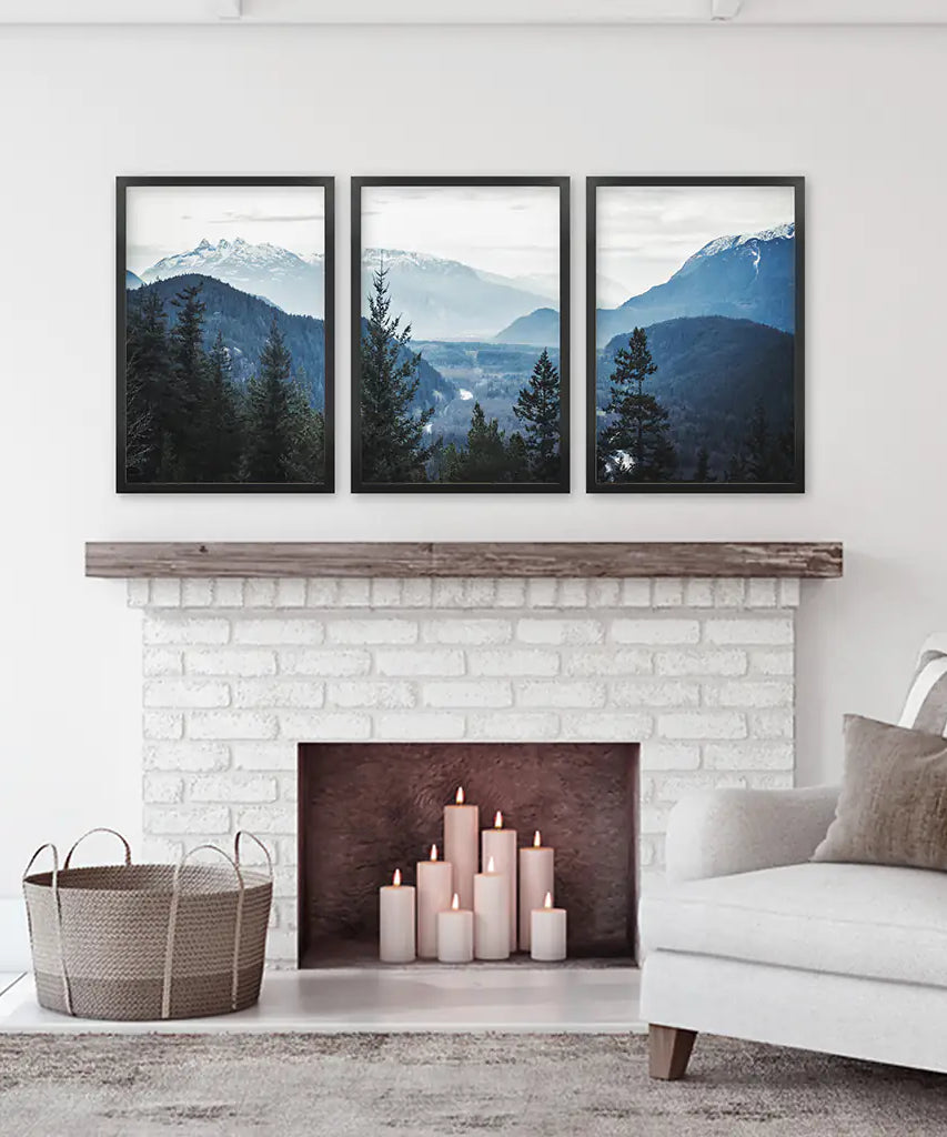 Navy Blue Mountain Forest Triptych. Nordic Landscape Art