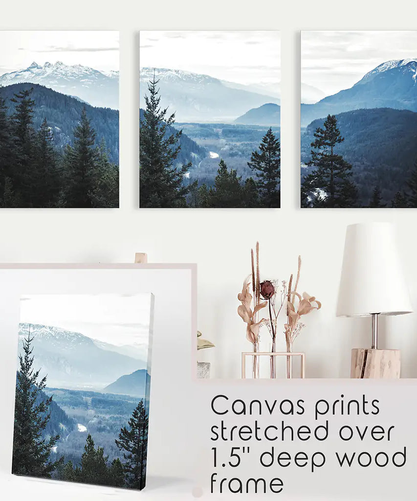 Navy Blue Mountain Forest Triptych. Nordic Landscape Art