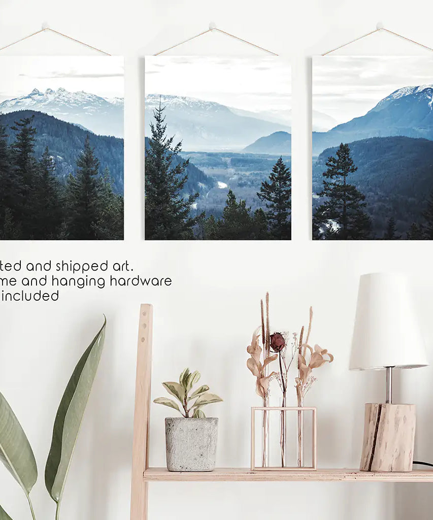 Navy Blue Mountain Forest Triptych. Nordic Landscape Art