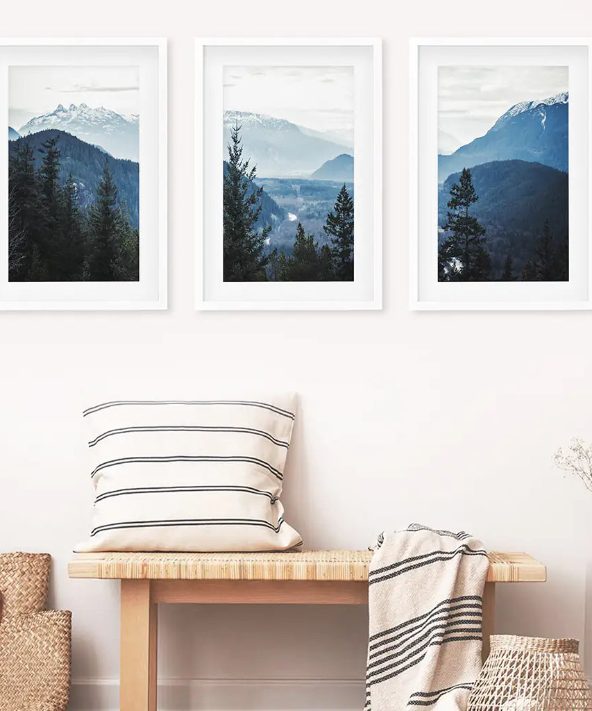 Navy Blue Mountain Forest Triptych. Nordic Landscape Art