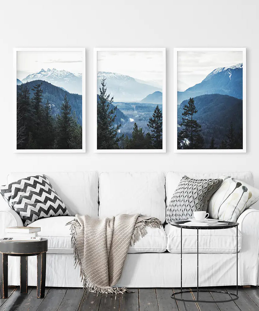 Navy Blue Mountain Forest Triptych. Nordic Landscape Art