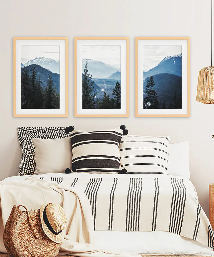 Navy Blue Mountain Forest Triptych. Nordic Landscape Art