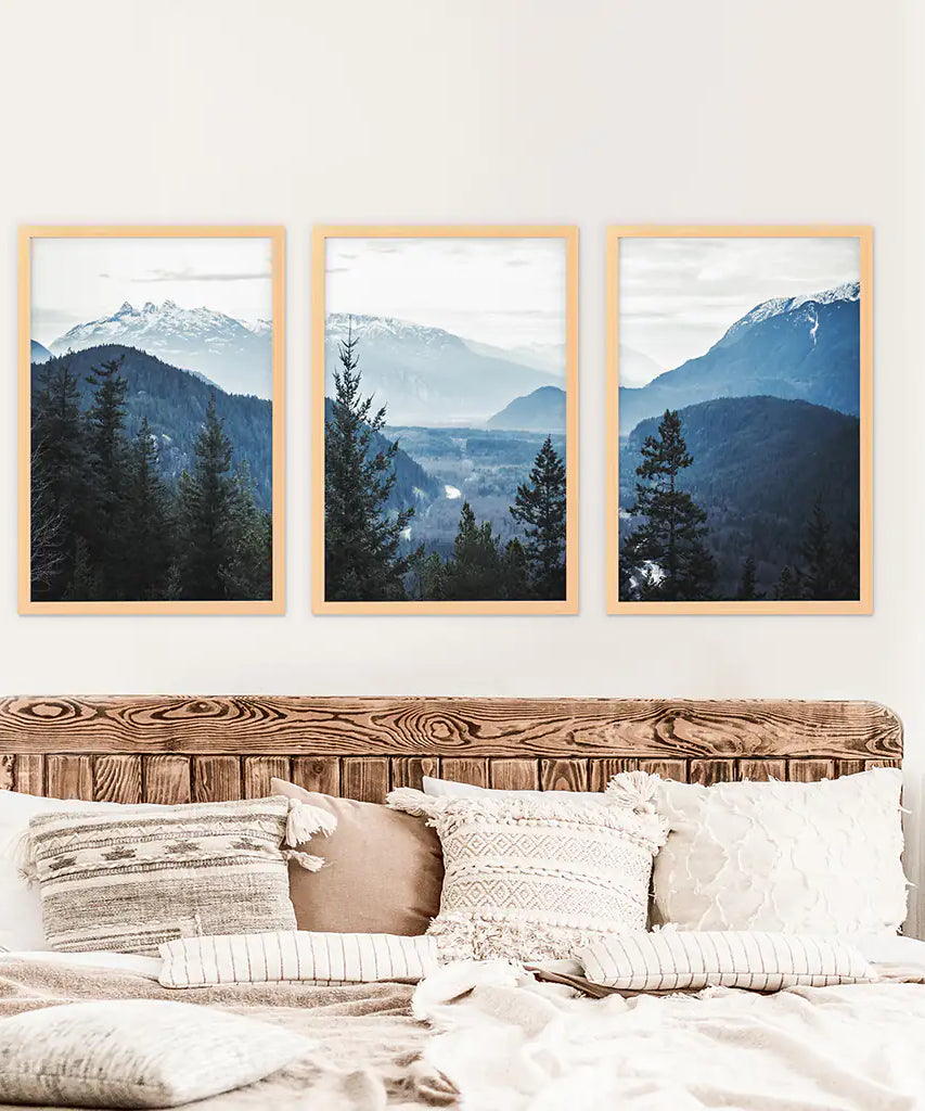 Navy Blue Mountain Forest Triptych. Nordic Landscape Art