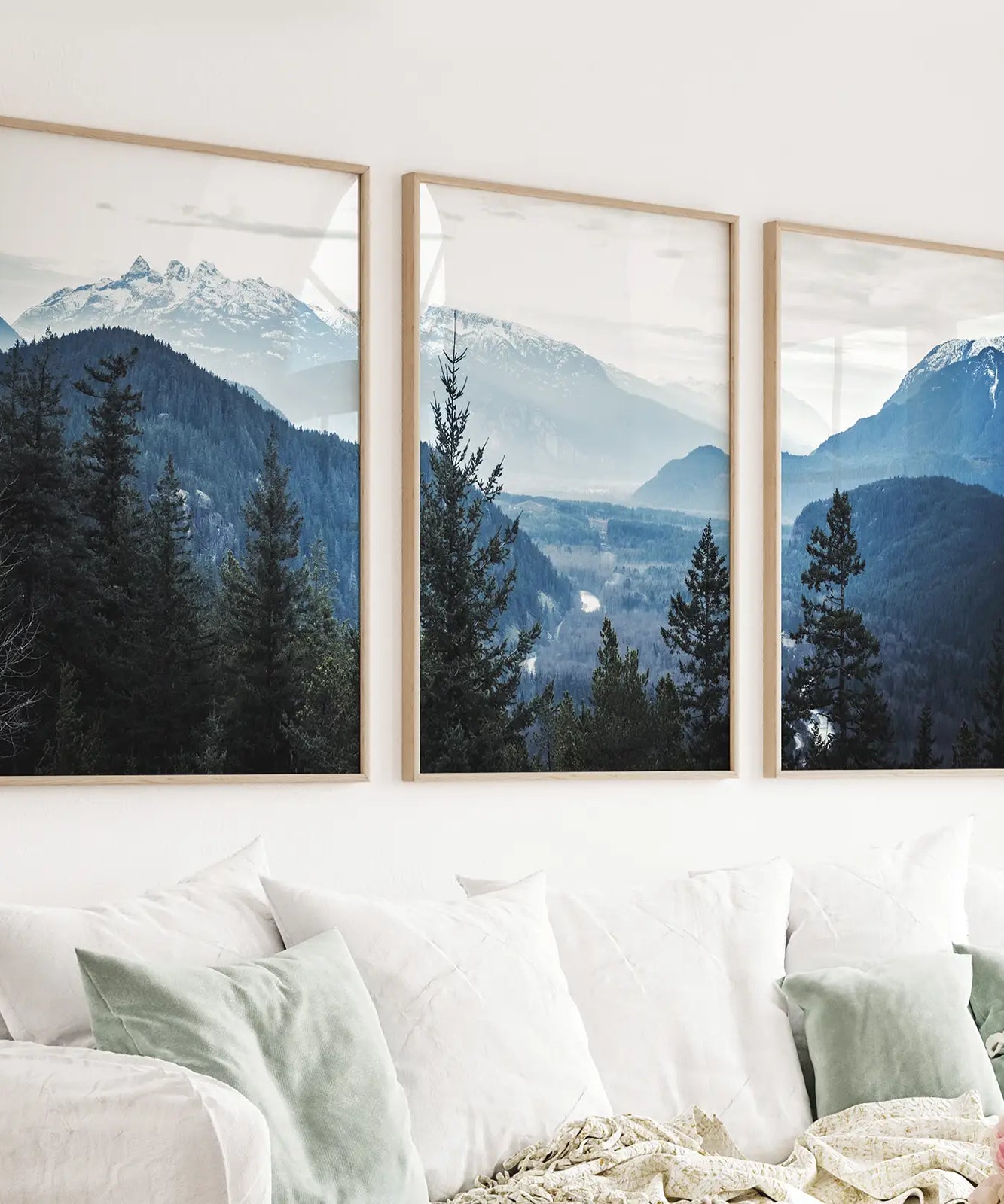 Navy Blue Mountain Forest Triptych. Nordic Landscape Art