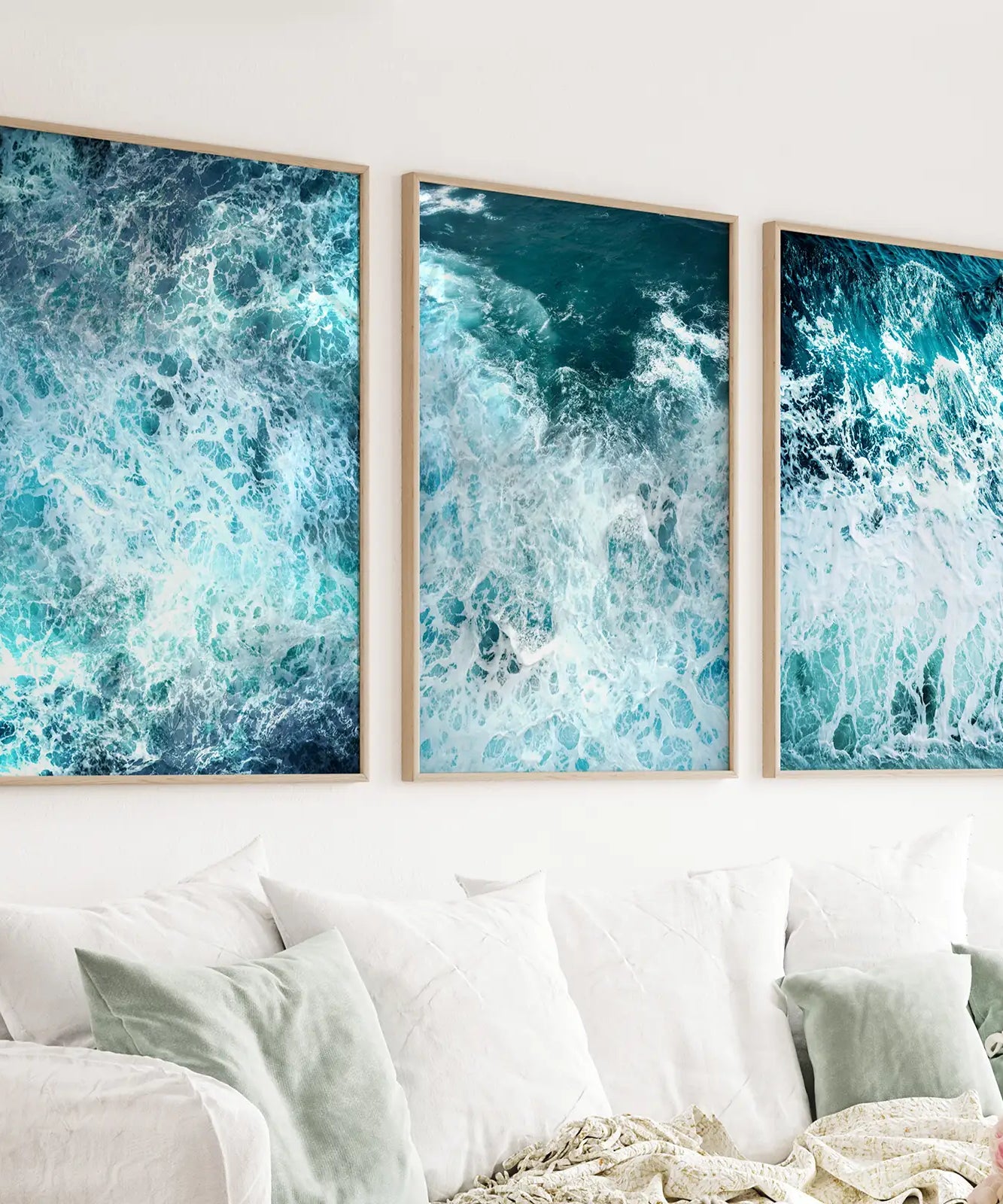3-teiliges blaues, minimalistisches Wanddekor mit Meereswellen