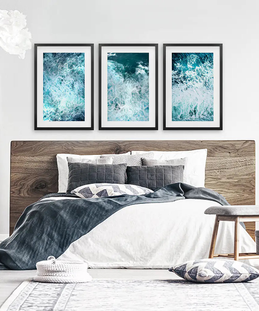 3-teiliges blaues, minimalistisches Wanddekor mit Meereswellen