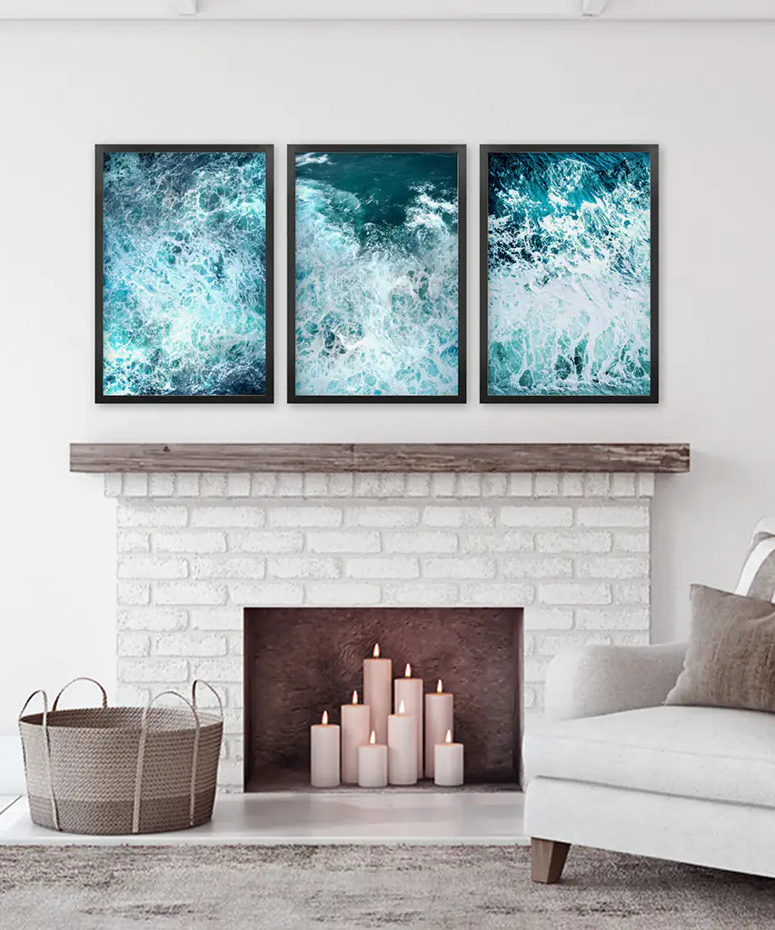 3-teiliges blaues, minimalistisches Wanddekor mit Meereswellen