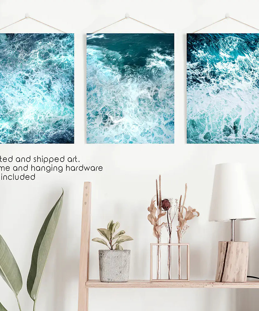 3-teiliges blaues, minimalistisches Wanddekor mit Meereswellen